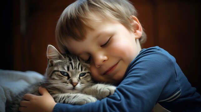 A cat's excitement as he is playfully hugged by a boy wearing a summer outfit.