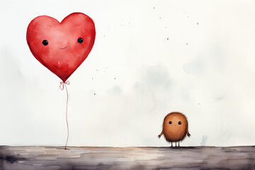 Cute Valentine's creature with their friend, the heart balloon, water color style