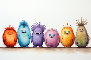 Six cute monsters pose for a group photo, water color illustration