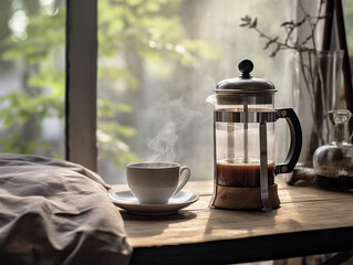 a cup of aromatic coffee poured from a tall French press coffee maker