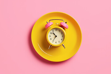 Empty yellow plate with alarm clock on pink background, intermittent fasting concept. - obrazy, fototapety, plakaty