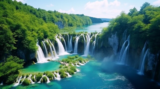 Exotic waterfall and lake panorama landscape of Plitvice Lakes, UNESCO natural world heritage and famous travel destination of Croatia. The waterfall located in central Croatia