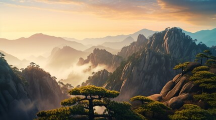 Landscape of Mount Huangshan (Yellow Mountains). UNESCO World Heritage Site. Located in Huangshan