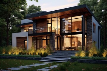 Contemporary-American house with spacious windows and garden. Generative AI