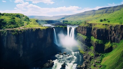 Maletsunyane Falls in Lesotho Africa. Most beautiful waterfall in the world. Green scenic landscape...