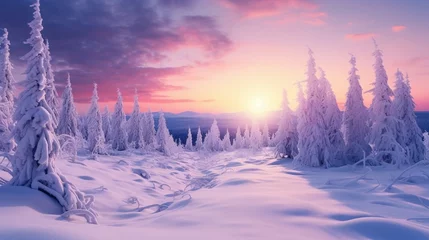 Tuinposter winter panorama landscape with forest, trees covered snow and sunrise. winterly morning of a new day. purple winter landscape with sunset, panoramic view © Muhammad