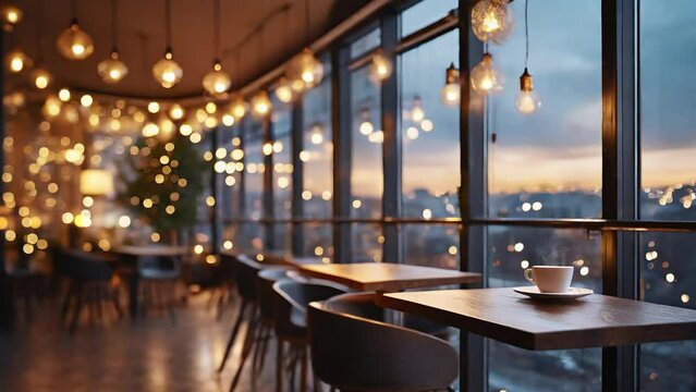 Freshly made coffee is placed on a table in a coffee shop on a high floor. You can see the sunset over the city from the wide windows.　Generative AI