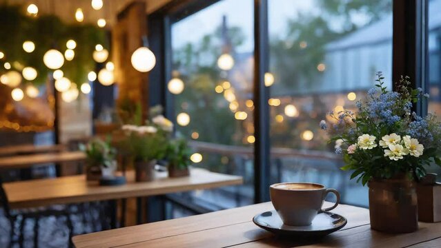 Freshly made cafe au lait is placed in a coffee shop with lots of flowers arranged. The wide windows offer views of the city in the afternoon.　Generative AI
