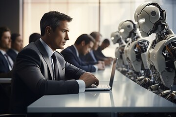 Artificial General Intelligence Humanoid Robots Human Robot Interaction in Business People having Job Interview Doing an Aptitude Test Businessmen Candidates Office AI Threat - obrazy, fototapety, plakaty