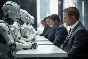 Artificial General Intelligence Humanoid Robots Human Robot Interaction in Business People having Job Interview Interviewing Candidates Businessmen Company Office AI Threat Replacing Manpower - obrazy, fototapety, plakaty