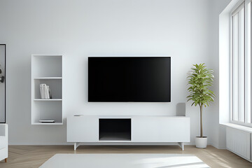 White color wall Background, minimal living room interior decor with a TV cabinet.