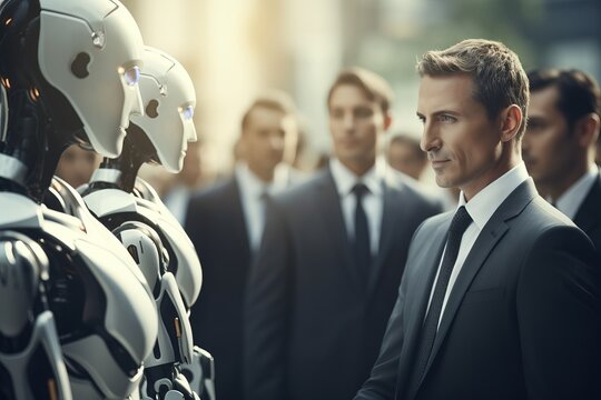 Artificial General Intelligence Humanoid Robots Human Robot Interaction People having a Business Meeting Negotiating Managers Businessmen Company Office AI as Collaborators Threat 