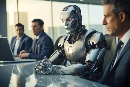 Artificial Intelligence Humanoid Robot Speaking Up in a Business Meeting Negotiating Collaborating Discussing with Businessmen