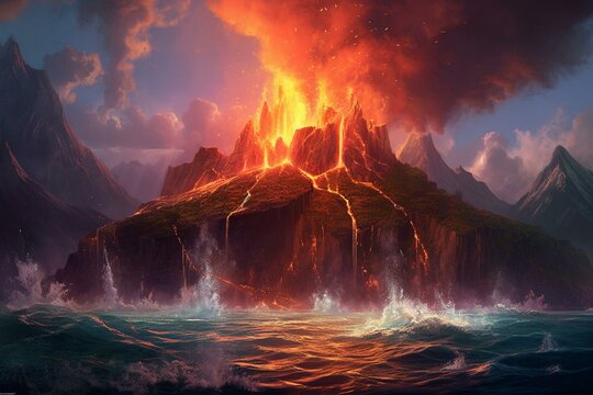 An image portraying an erupting volcano, with molten lava streaming down the slopes and merging with a body of water. Generative AI