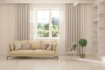 White living room with sofa and summer landscape in window. Scandinavian interior design. 3D illustration