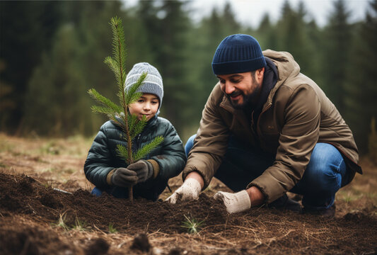 Happy father and son planting trees in forest. AI Generated Images