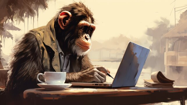 Ape in front of a laptop with  a cup of coffee Generative AI
