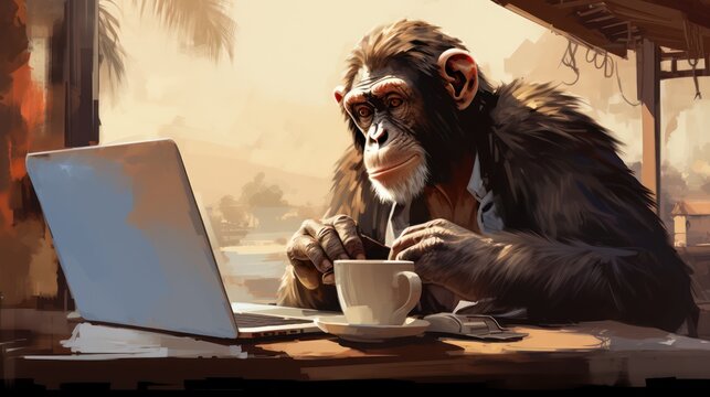 Ape in front of a laptop with  a cup of coffee Generative AI