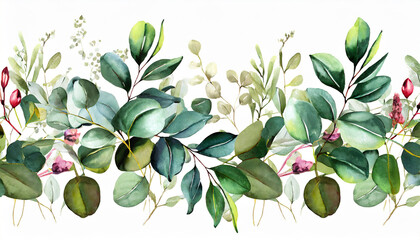 watercolor botanic, Leaf and buds. Seamless herbal composition for wedding or greeting card. Spring Border with leaves eucalyptus 