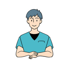 両手を重ねて座る男性の介護士