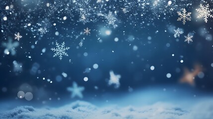 Fototapeta na wymiar Falling snowflakes on night sky white background. Bokeh with white snow and snowflakes on a blue background.