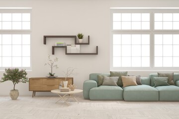White living room with sofa. Scandinavian interior design. 3D illustration