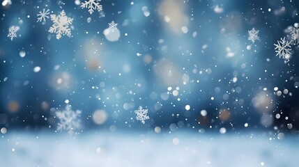 Falling snowflakes on night sky white background. Bokeh with white snow and snowflakes on a blue background.