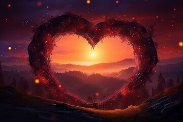 fantasy landscape with heart silhouette. magic mysterious country. portal in shape of a heart to the unreal world. Generative AI