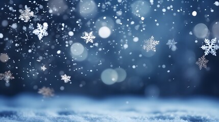 Fototapeta na wymiar Falling snowflakes on night sky white background. Bokeh with white snow and snowflakes on a blue background.