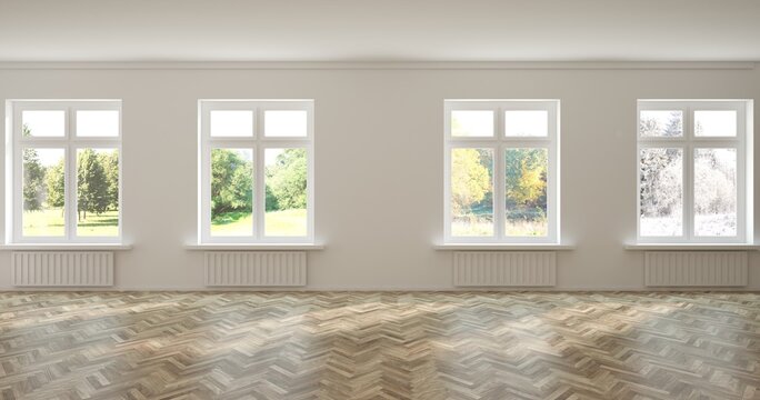 Empty living room concept with four season lanscapes in window. 3D illustration