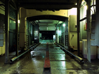 Dirty gas station car wash at night
