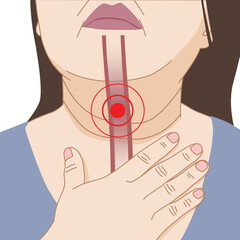 Elderly woman difficulty swallowing, dysphagia, unhealth, illustration on white background