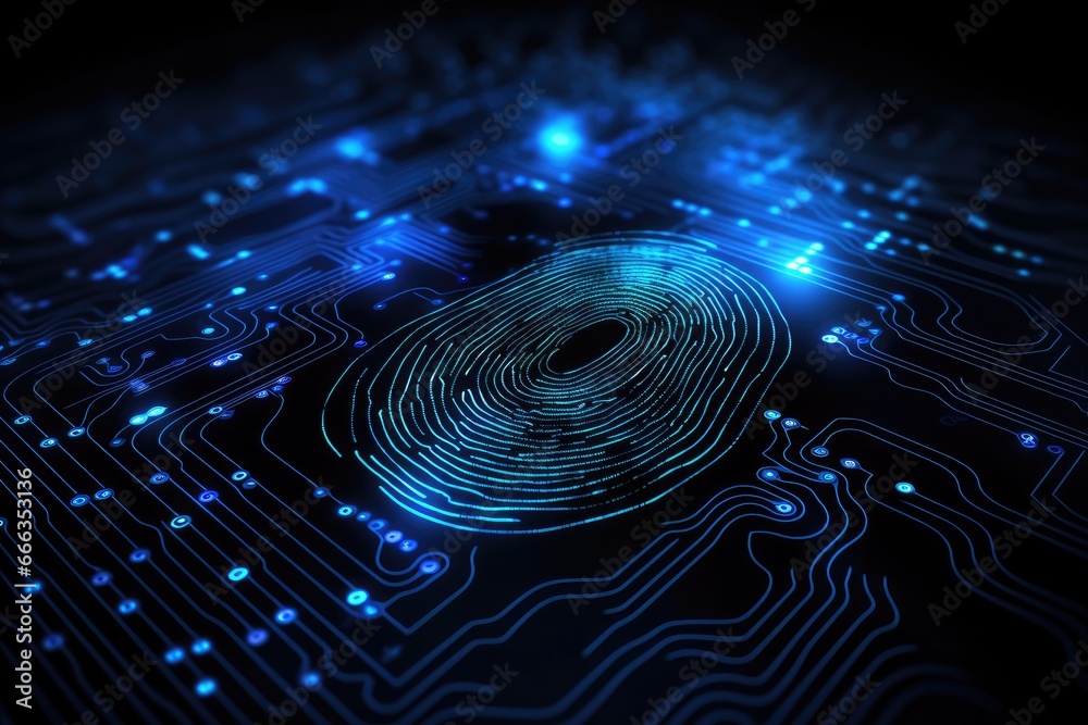 Poster fingerprint scan on the electronic circuit board. 3d rendering, fingerprint scan provides security a