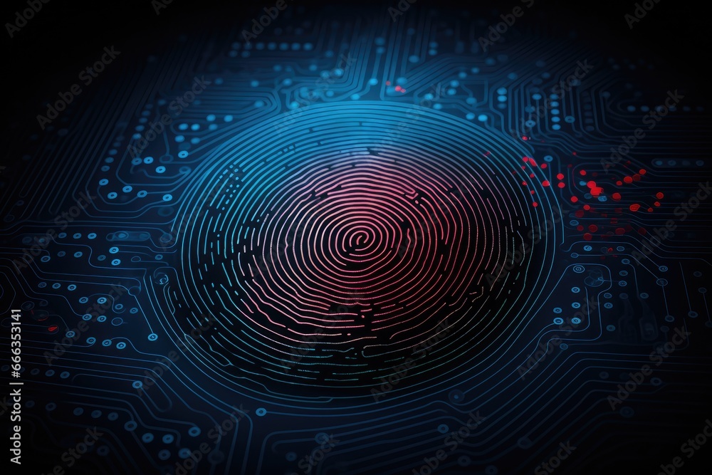 Poster fingerprint on digital circuit board. cyber security concept. 3d rendering, fingerprint scan provide