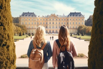 Back view of two young female friends with backpacks standing in front of Belvedere palace in Vienna, Austria, Female tourists standing in front of the Schonbrunn royal palace, AI Generated