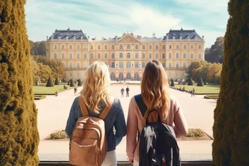 Papier Peint photo Vienne Back view of two young female friends with backpacks standing in front of Belvedere palace in Vienna, Austria, Female tourists standing in front of the Schonbrunn royal palace, AI Generated