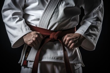Man in kimono with red belt on black background, closeup, Fighter tightening karate belt, top section cropped, AI Generated