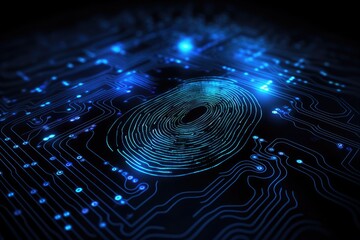 Fingerprint scan on the electronic circuit board. 3d rendering, Fingerprint scan provides security access with biometrics identification, AI Generated - obrazy, fototapety, plakaty