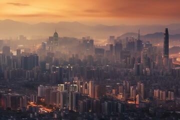 A bustling downtown skyline of Seoul, South Korea. Generative AI