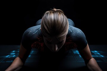 Female athlete doing push-ups against black background with vignette, Fitness girl rear view with arms stretched out, detailed muscles, AI Generated