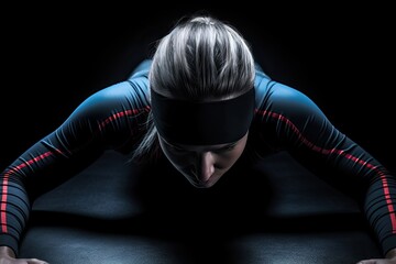 Cyclist in sportswear posing on a black background, Fitness girl rear view with arms stretched out, detailed muscles, AI Generated - obrazy, fototapety, plakaty