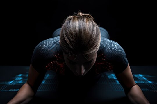 Female athlete doing push-ups against black background with vignette, Fitness girl rear view with arms stretched out, detailed muscles, AI Generated