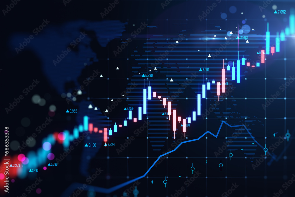 Poster creative glowing candlestick forex chart and map on blurry grid backdrop. trade, finance and growing