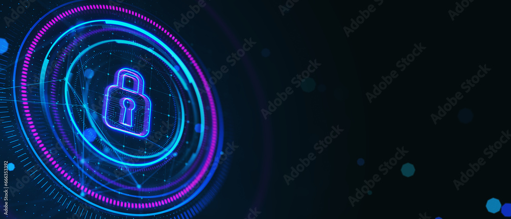 Aufkleber Creative digital round polygonal padlock button on dark wide background with mock up place. Secure, safety and web protection concept. 3D Rendering.