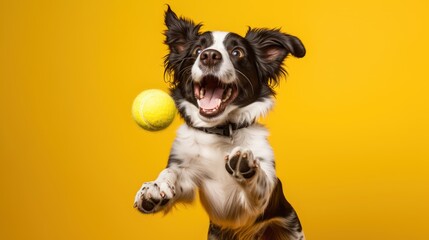 Dog playing with ball on yellow background  - obrazy, fototapety, plakaty