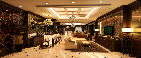 3d render illustration Living Entertainment Suite condo city center decorated for socializing.
