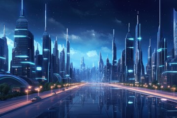 night scene of modern city with light trails and skyscrapers, Futuristic city at night, 3D...