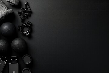 Fitness equipment on black leather background. Top view with copy space, Fitness background, black...