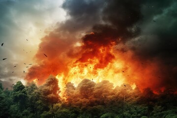 Forest fire with smoke and flames on dark sky background. Natural disaster, Forest fire natural disaster concept, burning fire in the trees on India flag background, AI Generated