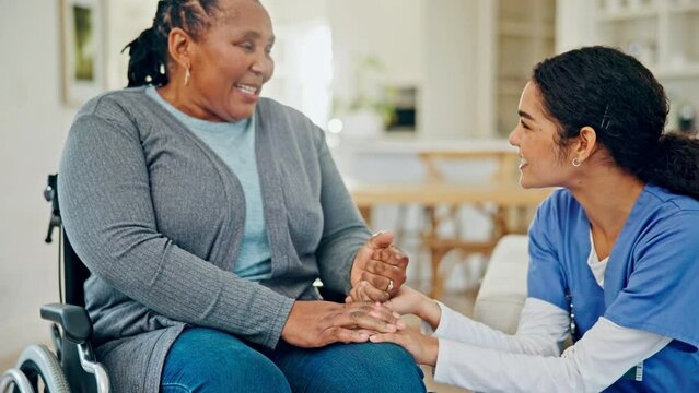 Nurse, woman in wheelchair and happy for home, nursing support and conversation, talking or chat in living room. Medical doctor, caregiver or ADN student and patient with disability smile for service